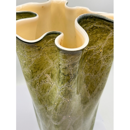 114 - Jozefina Krosno Hand Blown Green Marbled Art Glass Vase