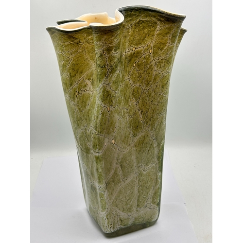 114 - Jozefina Krosno Hand Blown Green Marbled Art Glass Vase