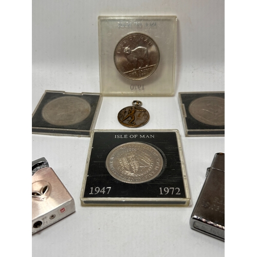 118 - A Collection of 7: Isle of Man Commemorative Coins and Miscellaneous Metal Goods