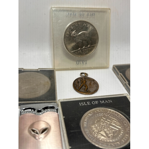 118 - A Collection of 7: Isle of Man Commemorative Coins and Miscellaneous Metal Goods