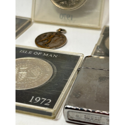 118 - A Collection of 7: Isle of Man Commemorative Coins and Miscellaneous Metal Goods