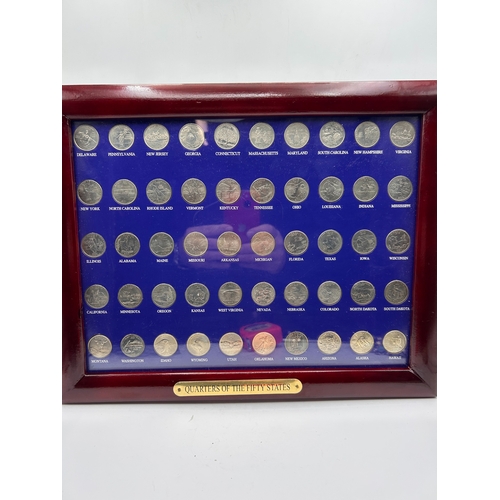119 - A Collection of 50 U.S. State Quarters in a Wood Grain Collectors Showcase Frame