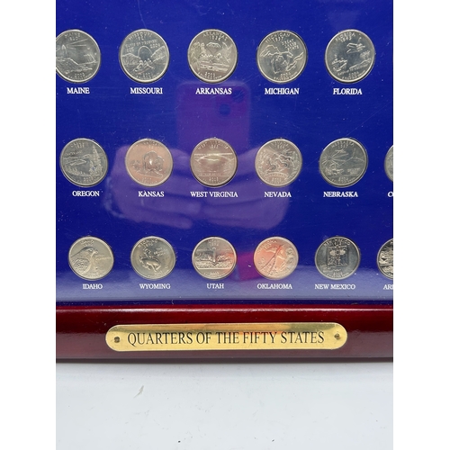 119 - A Collection of 50 U.S. State Quarters in a Wood Grain Collectors Showcase Frame