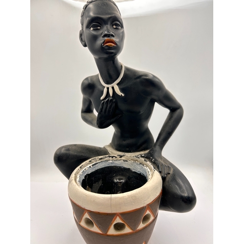 120 - Mid-Century Chalkware Figurative Table Lamp, African Drummer Style