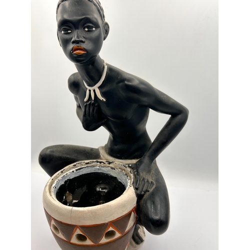 120 - Mid-Century Chalkware Figurative Table Lamp, African Drummer Style