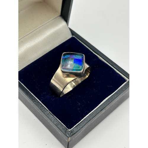 64 - Sterling Silver Wide Band Ring with Iridescent Cabochon