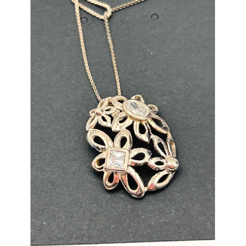 68 - Silver Openwork Floral Pendant Necklace Set with Simulant Stones
