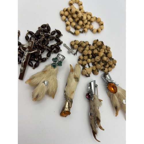 98 - A Collection of Eight Vintage Religious Items and Animal Foot Brooches.