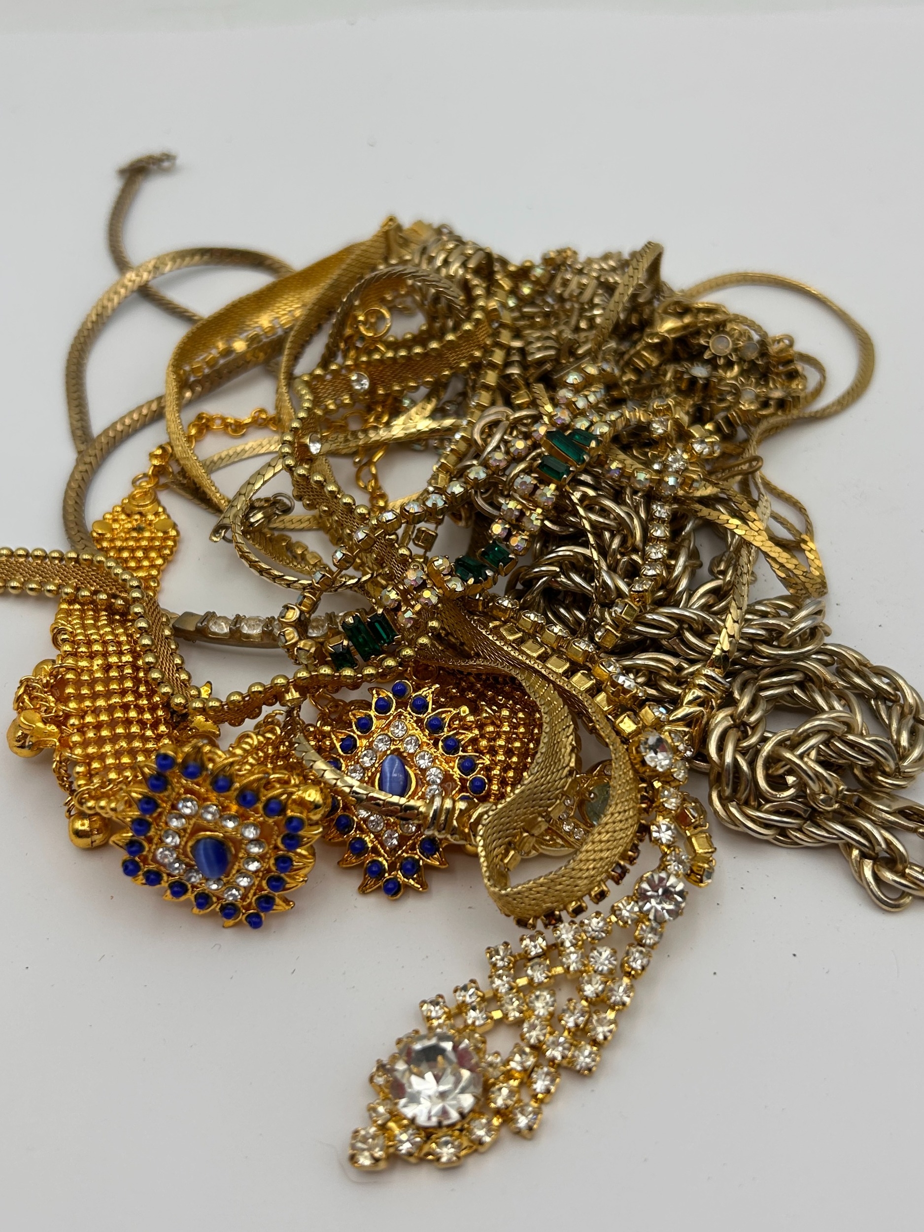 Large Hoard of Gold-Toned Costume Jewelry Chains and Rhinestone Elements