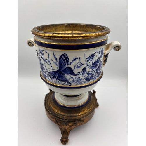 26 - A Gilt-Metal Mounted Blue and White Porcelain Cachepot or Jardinière