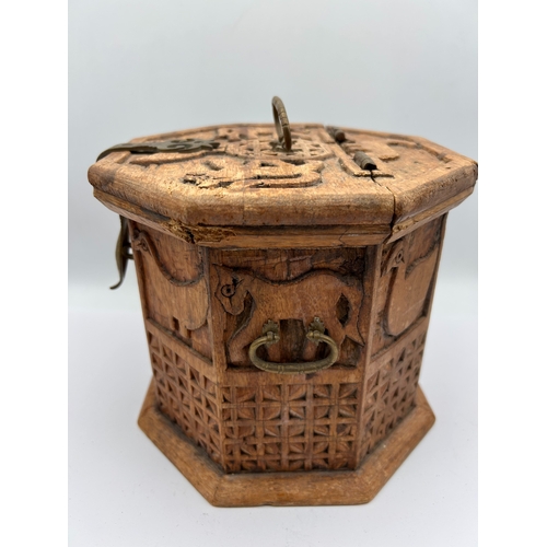 27 - Jerusalem Style Carved Hardwood Hexagonal Storage Box