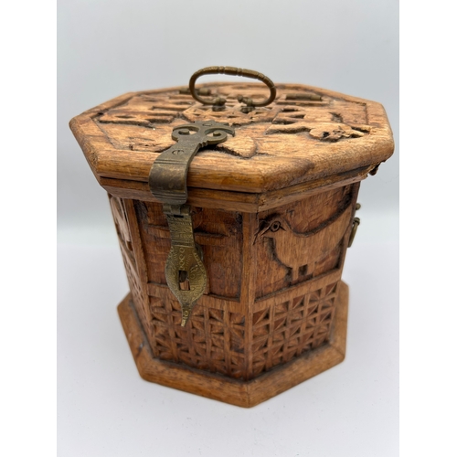 27 - Jerusalem Style Carved Hardwood Hexagonal Storage Box