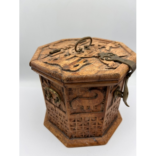 27 - Jerusalem Style Carved Hardwood Hexagonal Storage Box