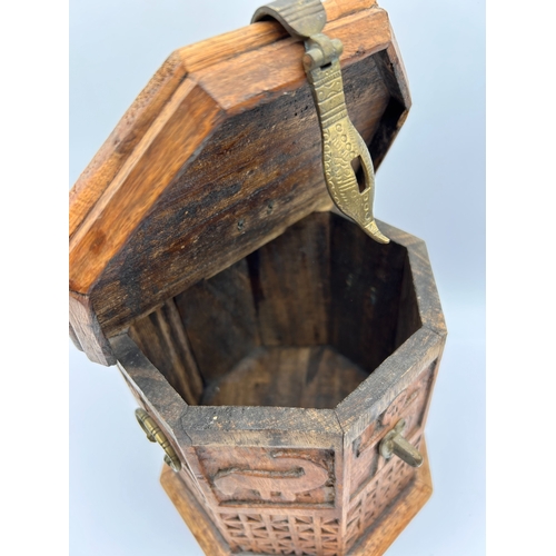 27 - Jerusalem Style Carved Hardwood Hexagonal Storage Box