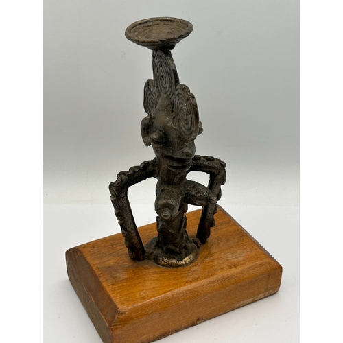 28 - Stylized Bronze Anthropomorphic Figure Candle Holder on Wooden Base