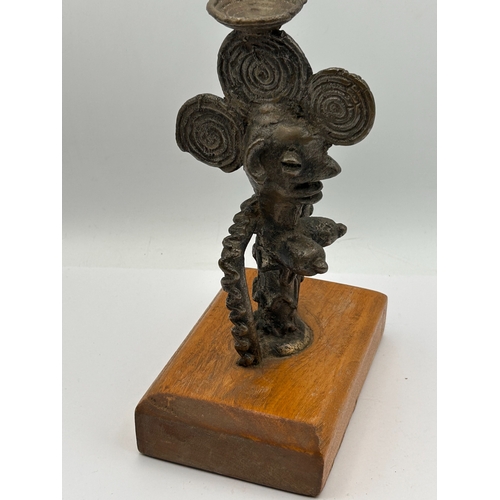 28 - Stylized Bronze Anthropomorphic Figure Candle Holder on Wooden Base