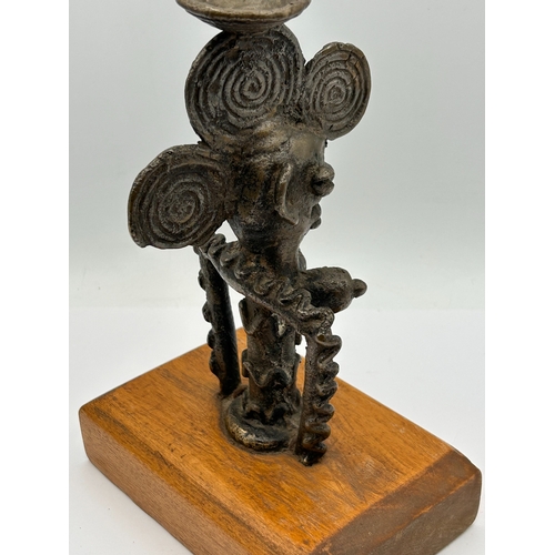 28 - Stylized Bronze Anthropomorphic Figure Candle Holder on Wooden Base