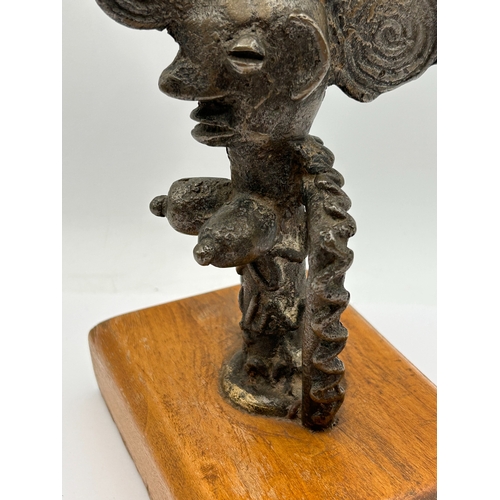 28 - Stylized Bronze Anthropomorphic Figure Candle Holder on Wooden Base