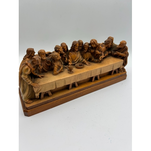 33 - ANRI Carved Wood Last Supper Sculpture with Thirteen Figures, Mid Century .