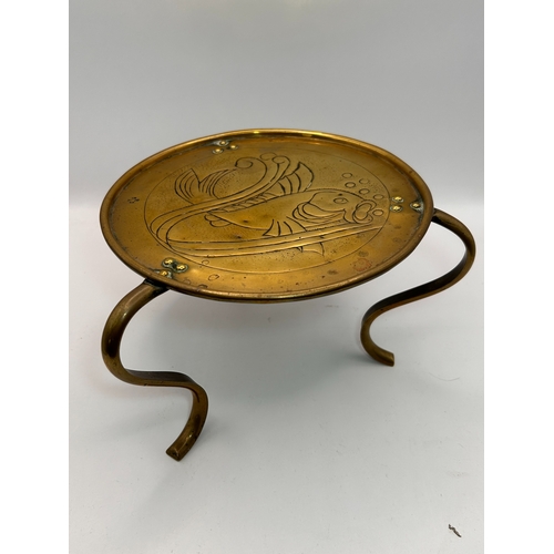 34 - Art Nouveau Brass Gong Stand or Trivet with Etched Fish Design