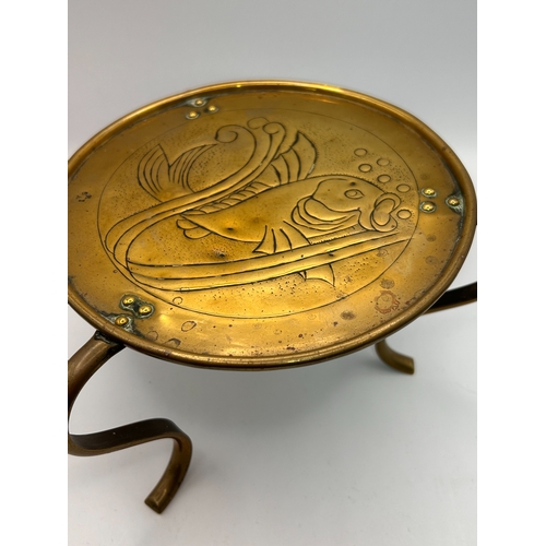 34 - Art Nouveau Brass Gong Stand or Trivet with Etched Fish Design