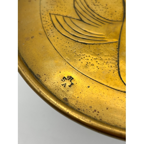 34 - Art Nouveau Brass Gong Stand or Trivet with Etched Fish Design