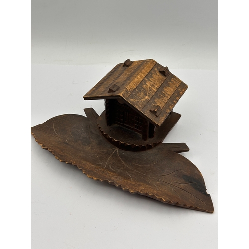 40 - Black Forest-Style Carved Wood Cabin Inkwell and Pen Rest