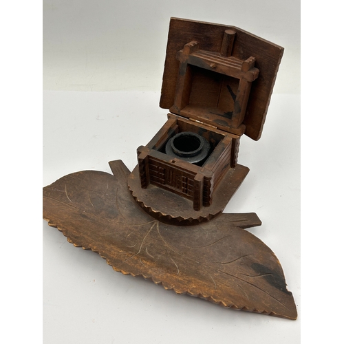 40 - Black Forest-Style Carved Wood Cabin Inkwell and Pen Rest