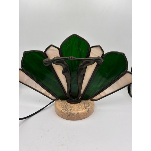 47 - Art Deco Figural Table Lamp with Leaded Slag Glass Shade