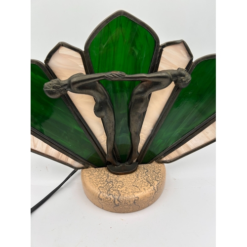 47 - Art Deco Figural Table Lamp with Leaded Slag Glass Shade