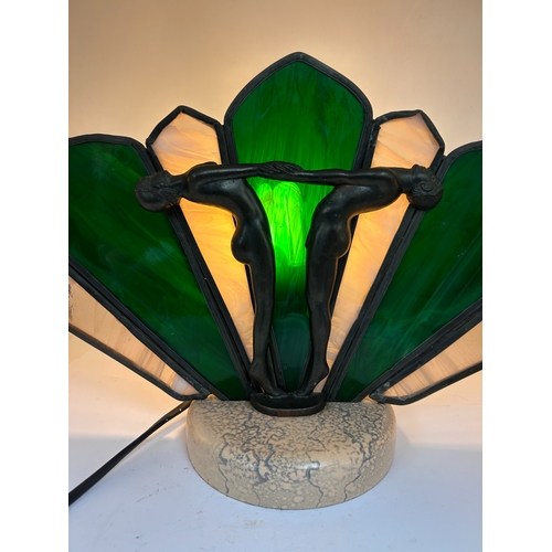 47 - Art Deco Figural Table Lamp with Leaded Slag Glass Shade