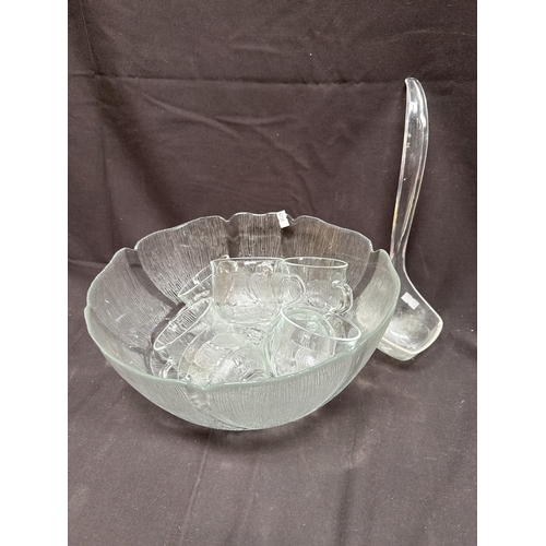 14 - A Vintage Arcoroc Style Clear Glass Aspen Pattern Punch Bowl Set with 8 Cups and Ladle