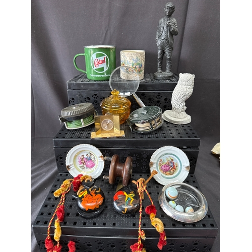 44 - A Collection of Vintage Collectibles, Fishing Reels, and Decorative Ornaments