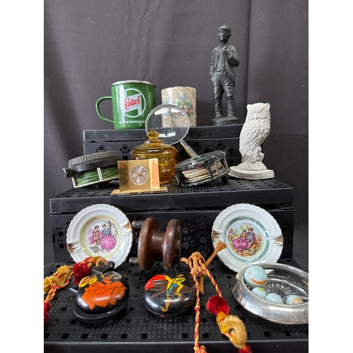 44 - A Collection of Vintage Collectibles, Fishing Reels, and Decorative Ornaments