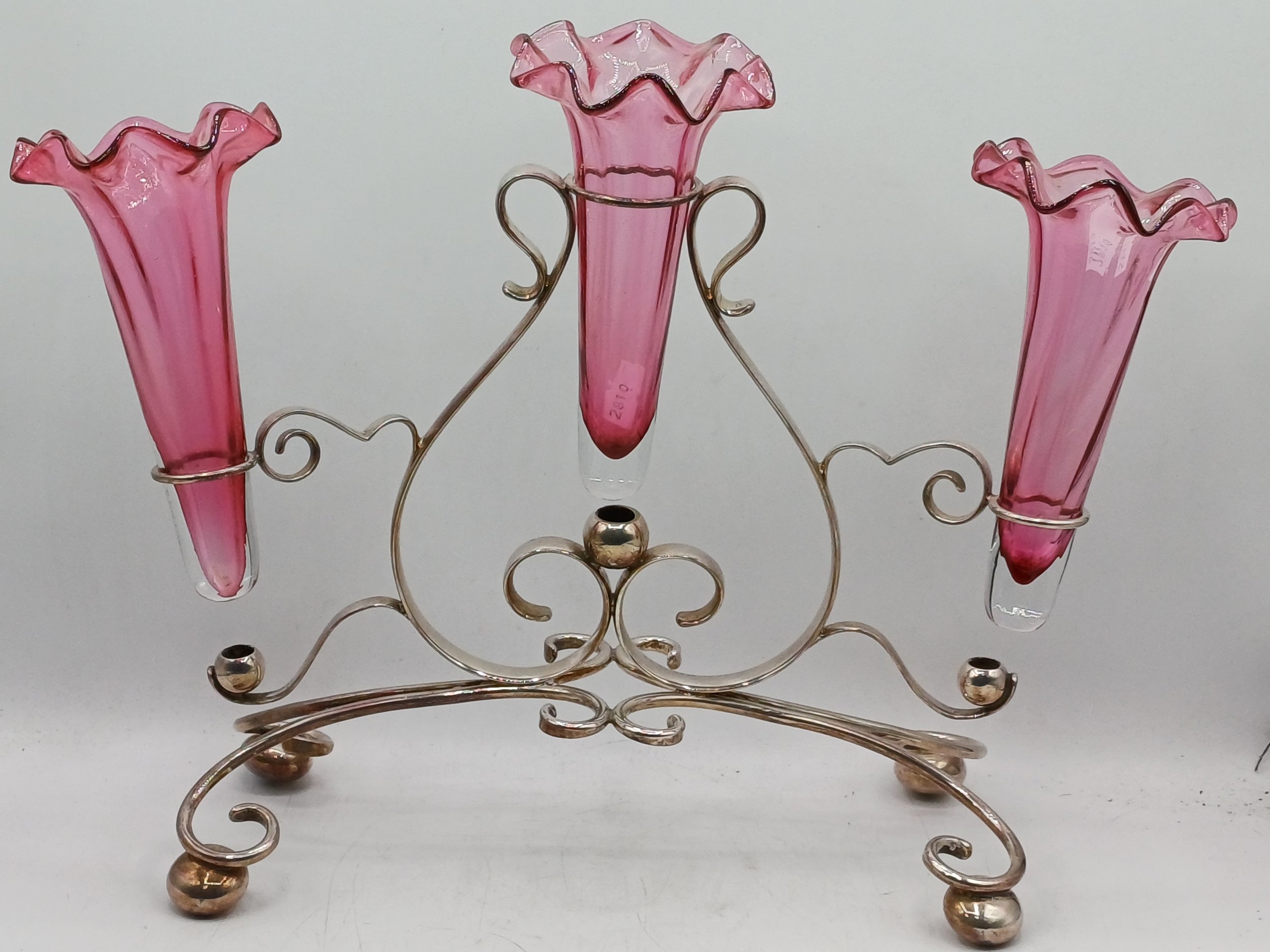 Victorian Style White Metal Epergne with Three Cranberry Glass Trumpet ...