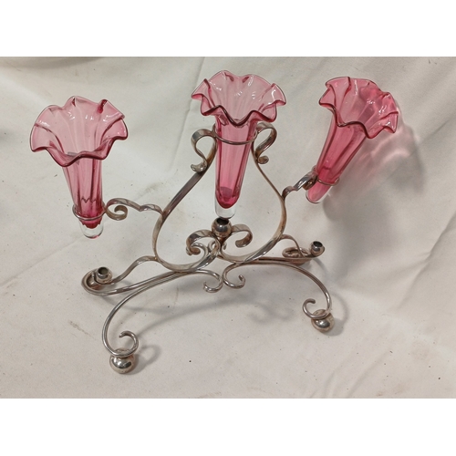 Victorian Style White Metal Epergne with Three Cranberry Glass Trumpet ...