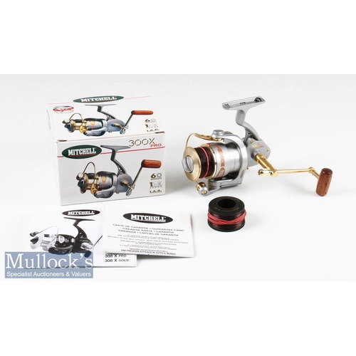 104 - Mitchell 300X Pro Spinning Reel & Spare Spool with gold finish fittings and turned wood handle, comp... 
