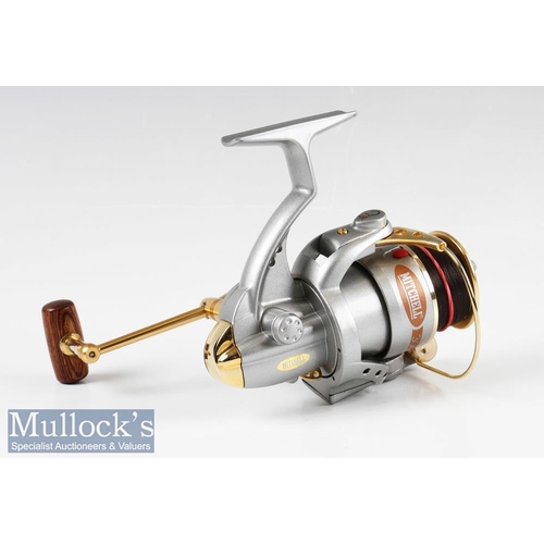 104 - Mitchell 300X Pro Spinning Reel & Spare Spool with gold finish fittings and turned wood handle, comp... 