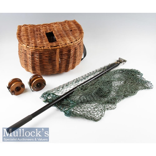 85 - Fine English large pot-bellied wicker fishing creel, reels and Hardy Bros landing net (6)  good wic... 