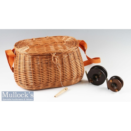 86 - Fine English large pot-bellied wicker fishing creel, reels and landing net  good wicker creel measu... 