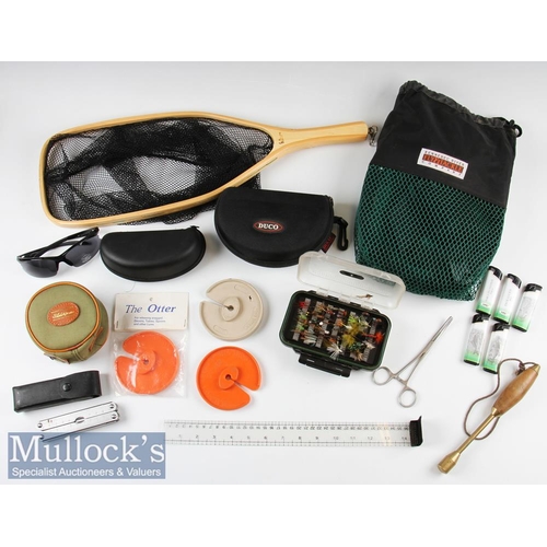 88 - Interesting selection of Fishing Accessories  Stillwater elongated wooden tennis racket style trout... 