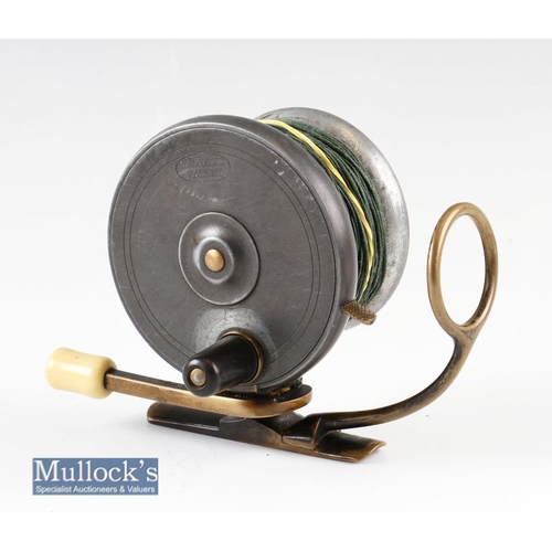 107 - P D Malloch Perth Patent Side casting brass and gun metal reel - backplate measures 3 ½