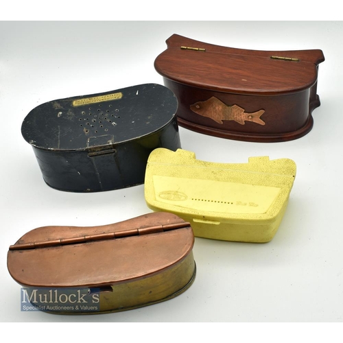 116 - Belt Fitting Bait Boxes (4)  incl early Cummins of Bishop Auckland black japanned example with perf... 