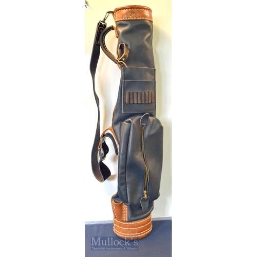 133 - Blue and brown leather golf club carry tube bag with ball pocket, tee holder and umbrella strap, app... 