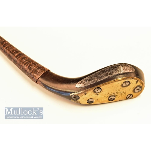 229 - T Dunne narrow wide head dark stained baffing spoon c1880 fitted with full brass sole plate stamped ... 