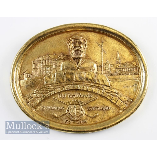 143 - Bill Waugh Golf gold leaf cast resin Plaque of Old Tom Morris St Andrews Scotland 1821-1908 depictin... 