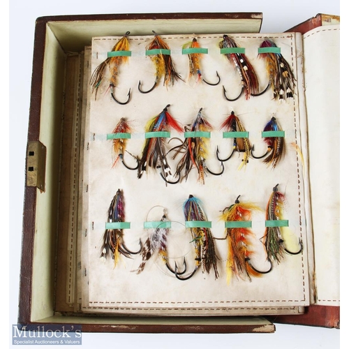 Large Collection of Gut Eye Salmon and Trout Flies in Leather Bound Book  Type Case in various patter