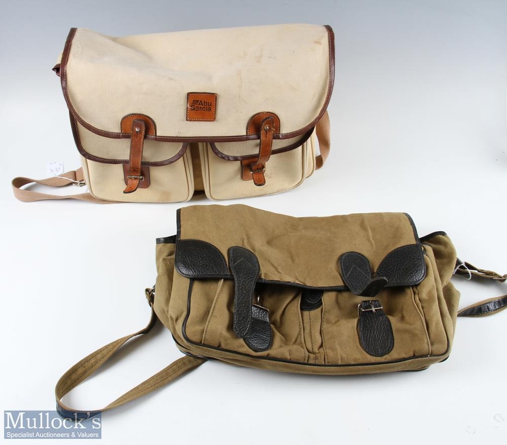 2 Vintage Canvas Fishing Bags one by Abu Garcia in cream colour with  leather straps and edging with