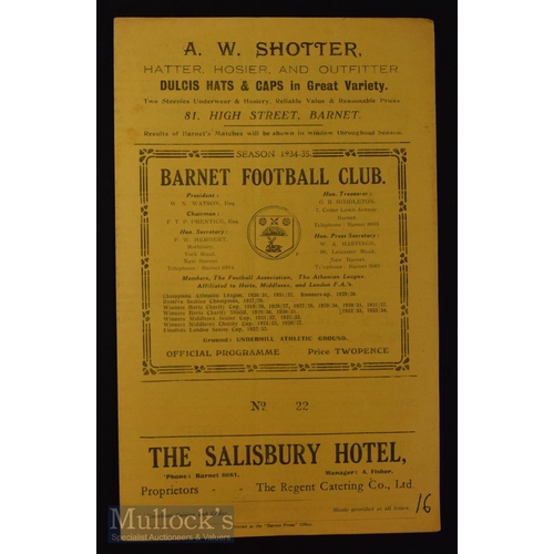 1365 - 1934/35 Barnet v Lowestoft Town FA Amateur Cup football programme 12 January, 4 pager, good.