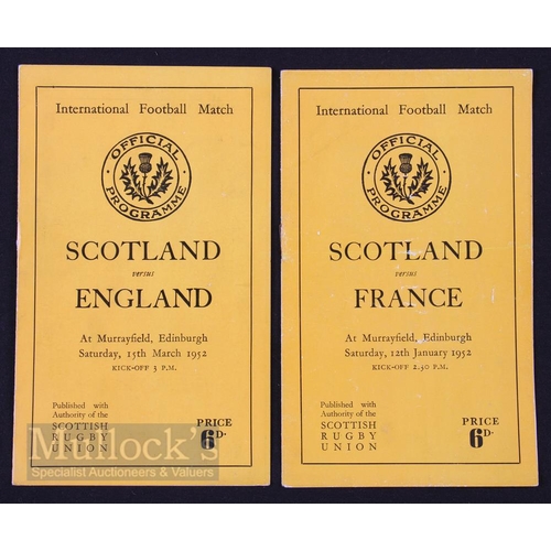 144 - 1952 Scottish Home Rugby Programmes (2): The issues v France (a little worn) and v England, with tea... 